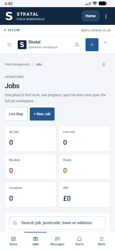 Stratal Field showing the jobs workspace and search in a demo workspace
