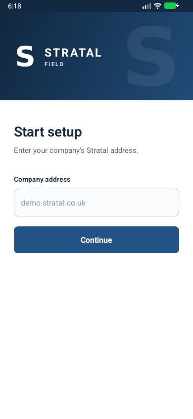 Stratal Field Android setup screen asking for a company address